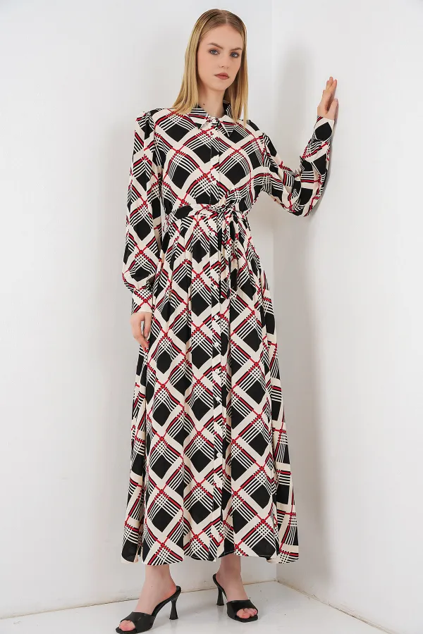 Kadın Boydan Düğmeli Uzun Tesettür Elbise 2588 - Siyah - Bej