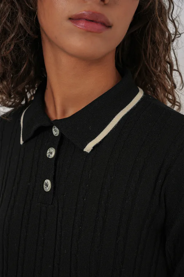 Ensemble deux pièces pour femme (pull à col polo, jupe et tricot) - Noir (réf. 15907)