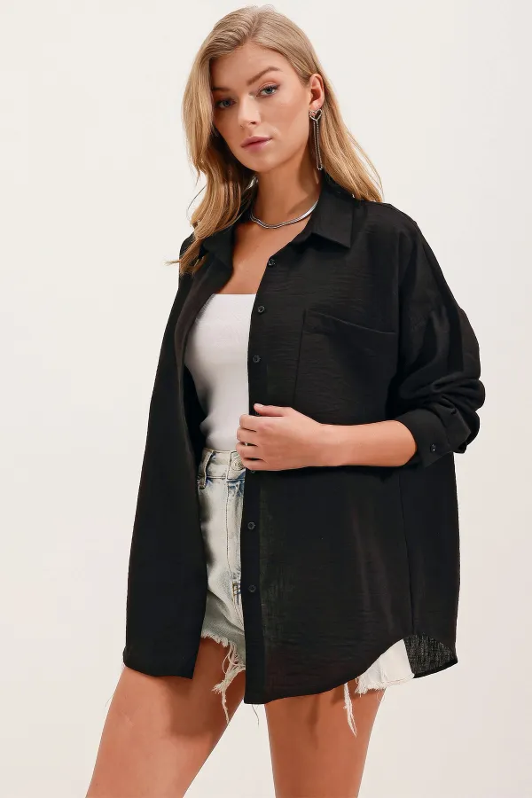 20153 Single Pocket Oversize Linen Shirt - Black 20153 Single Pocket Oversize Linen Shirt - Black