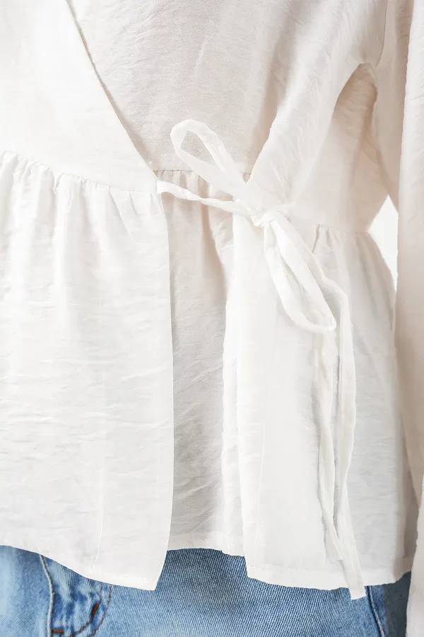 Kadın Yandan Bağlamalı Uzun Kollu Bluz 996 - Beyaz