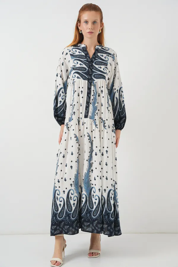 Robe longue hijab à motifs pour femme 2585 - Bleu marine clair