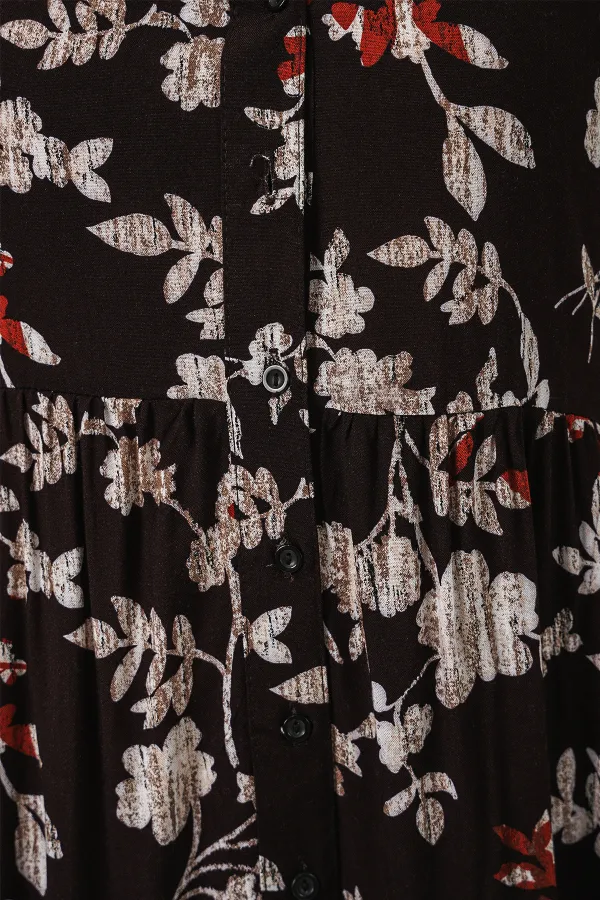 Kadın Desenli Uzun Tesettür Elbise 2585 - Beyaz - Kahve