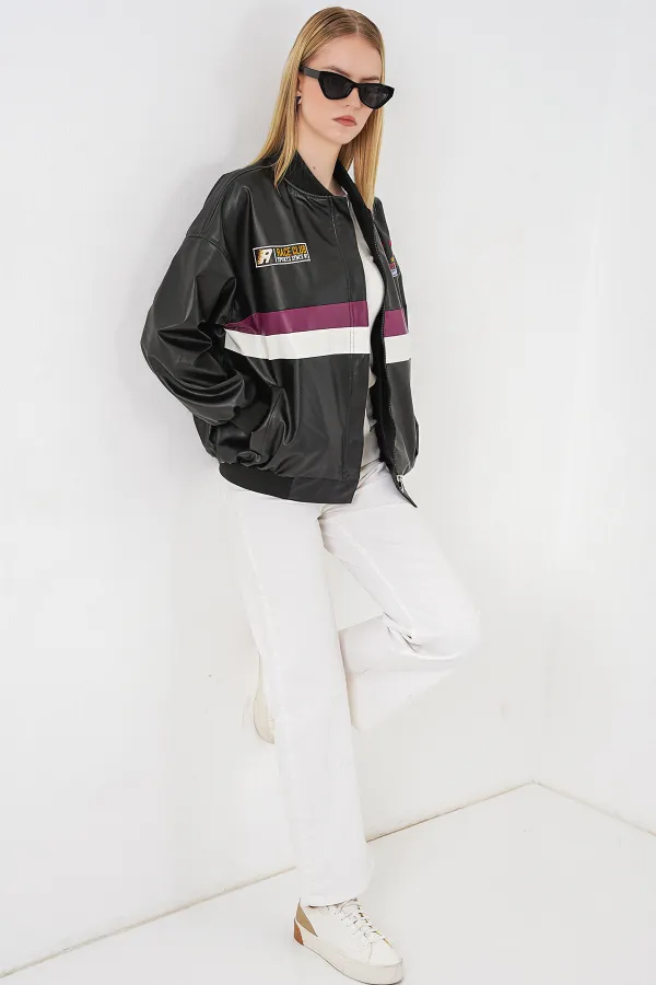 0698 Printed Faux Leather Bomber Jacket - Black - Purple