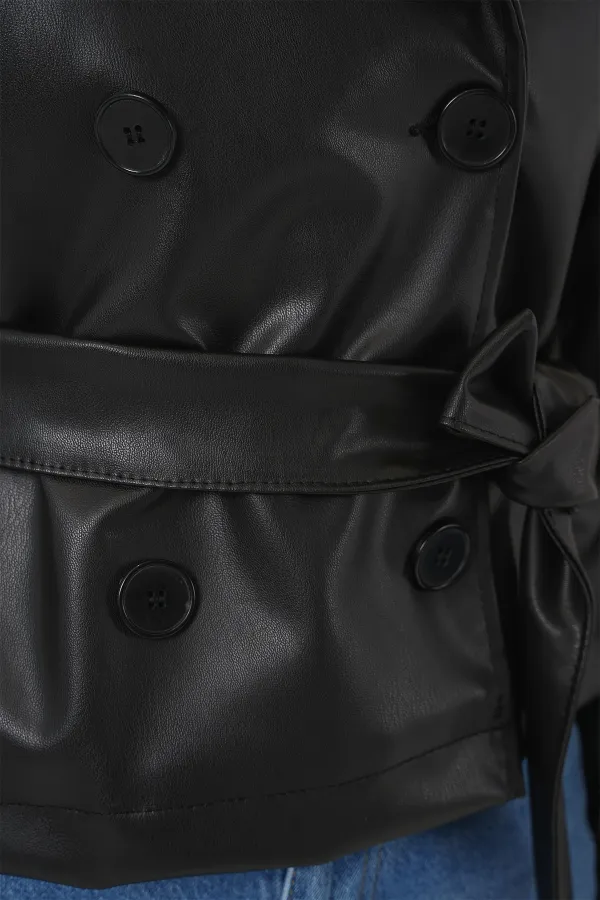 Kadın Kemerli Suni Deri Ceket 1046 - Siyah