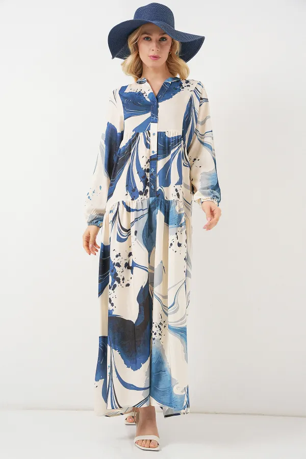 Kadın Desenli Uzun Tesettür Elbise 2585 - Lacivert