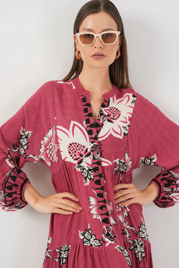 Kadın Desenli Uzun Tesettür Elbise 2585 - Gül Kurusu