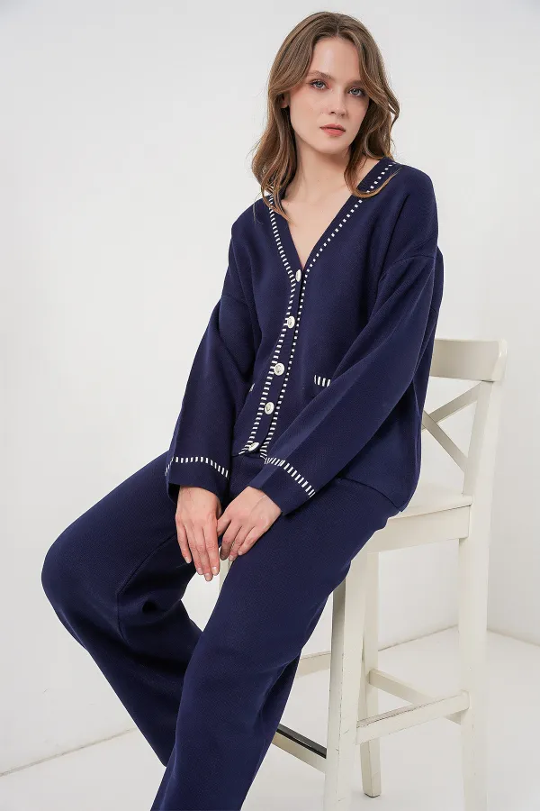 Women's Embroidered Knitwear Cardigan Trousers Two-Piece Suit 15963 - Navy Blue