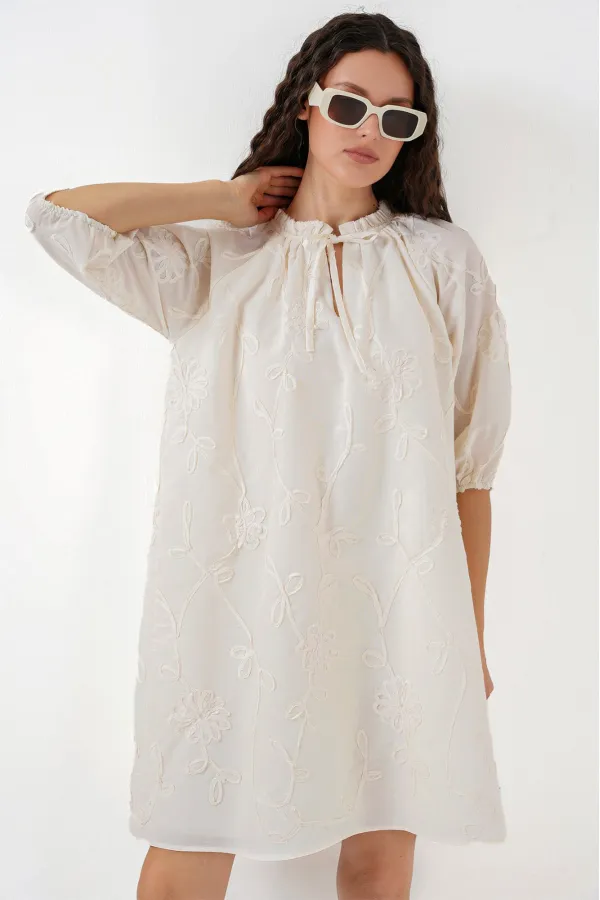 Kadın Desenli Kısa Elbise 2528 - Krem