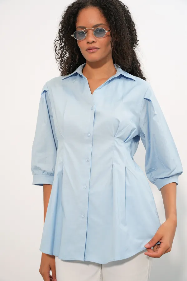 Women's Long Waist-Fitting Shirt 20383 - Blue Women's Long Waist-Fitting Shirt 20383 - Blue