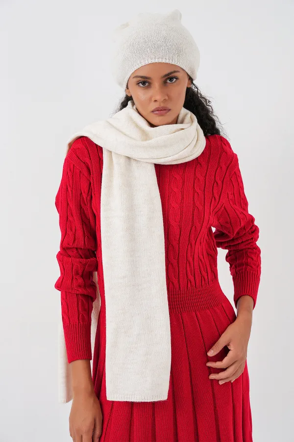 Écharpe et bonnet tricotés pour femme 15939 - Écru