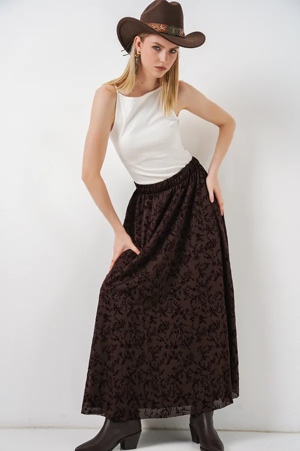 Kadın Desenli Astarlı Etek 8075 - Kahverengi