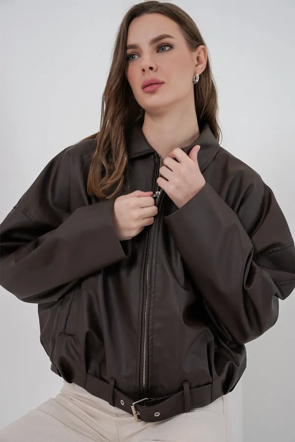 Kadın Kemer Detaylı Deri Ceket 1056 - Kahverengi