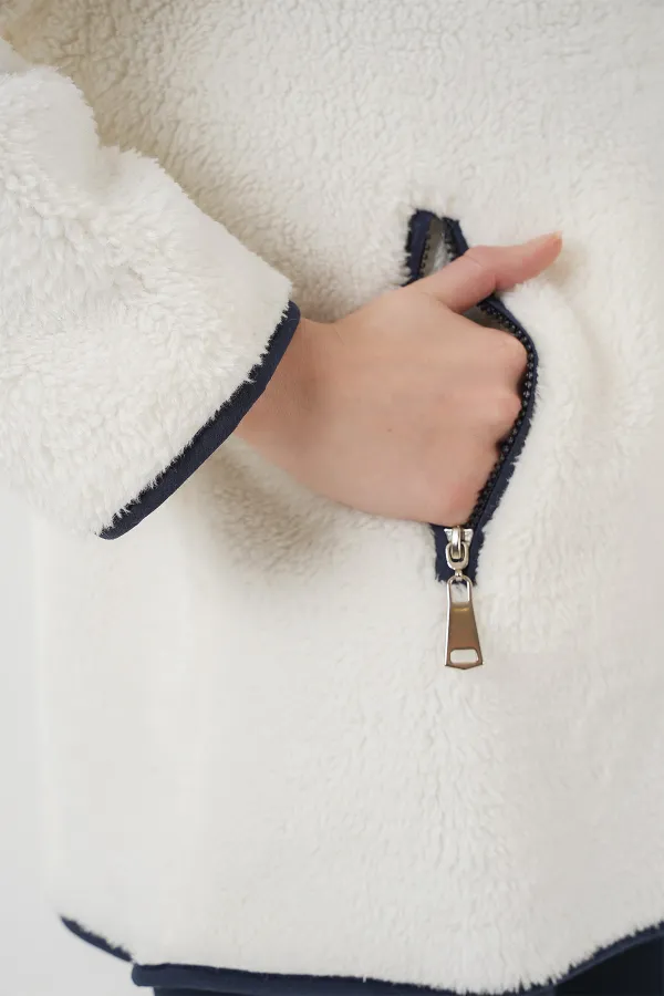 5211 Zippered Plush Coat - Navy Blue