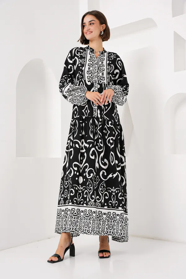 Robe hijab à motifs authentiques 2423 - Noir