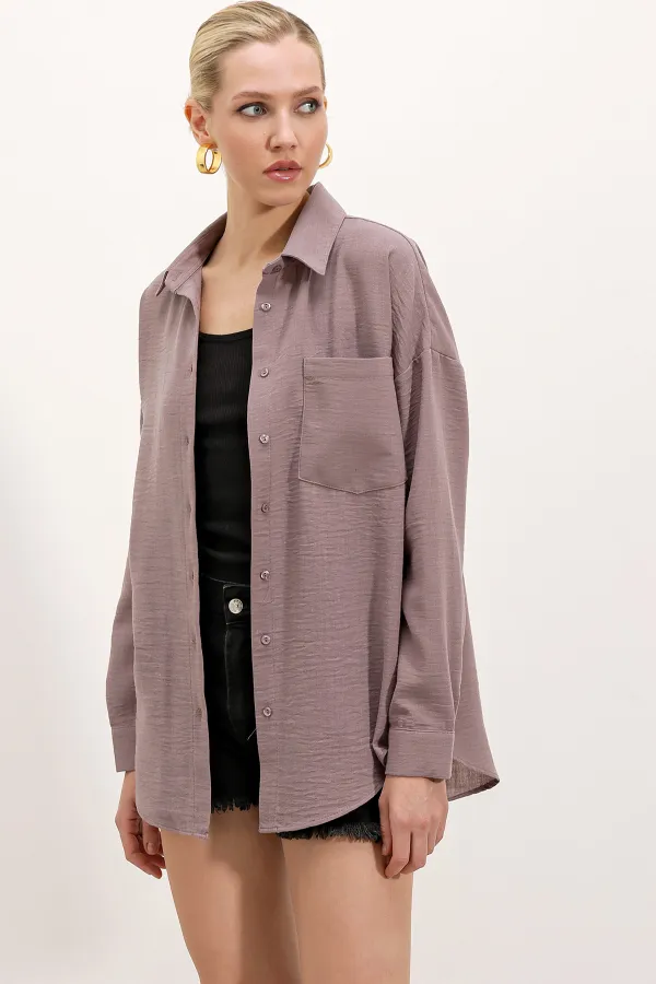 20153 Tek Cepli Oversize Keten Gömlek - Koyu Lila 20153 Tek Cepli Oversize Keten Gömlek - Koyu Lila