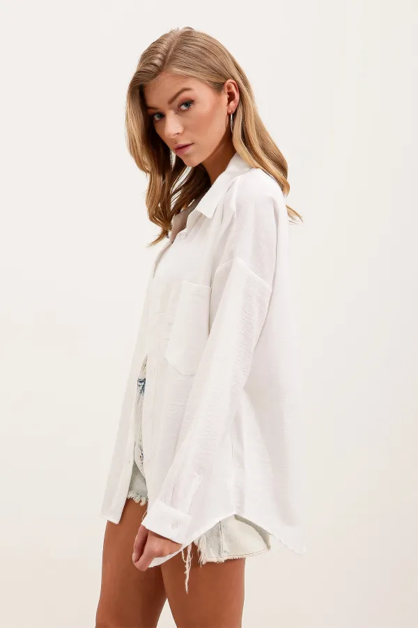Chemise oversize en lin à poche unique 20153 - Blanche