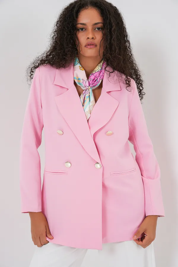 Kadın Kruvaze Yaka Blazer Ceket 0722 - Pudra