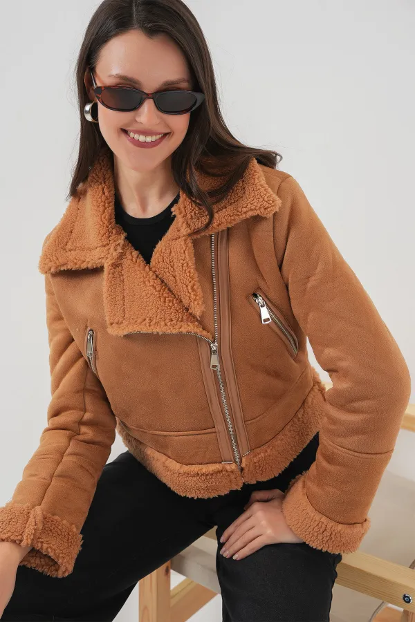 5155 Double-Breasted Faux Fur Leather Jacket - Dark Brown