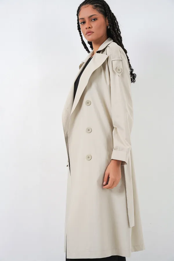 Kadın Kruvaze Yaka Trençkot 5978 - Taş