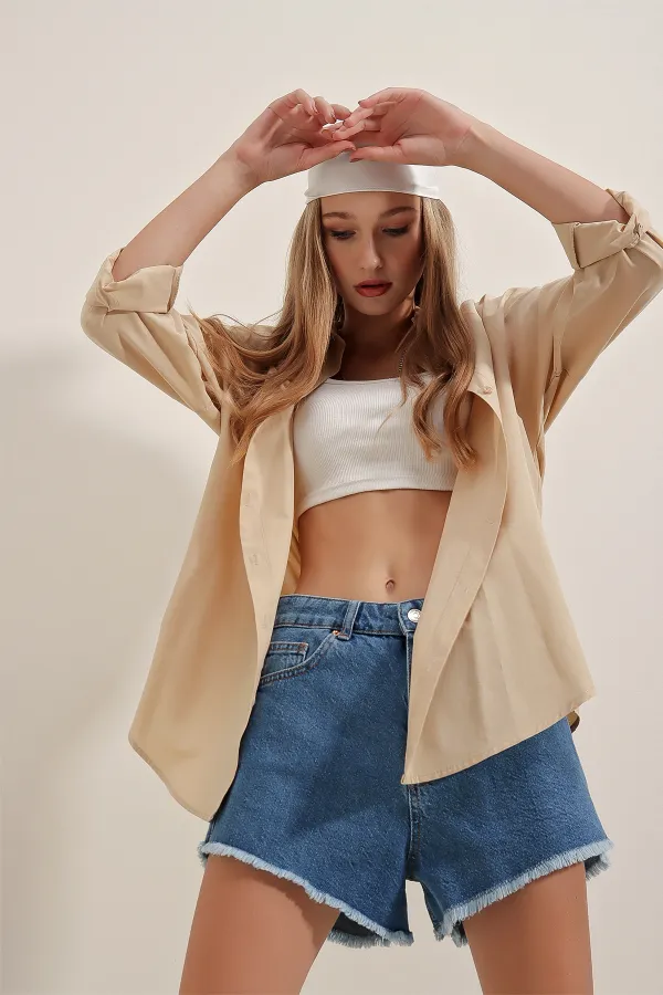 3900 Oversize Long Basic Shirt - Beige