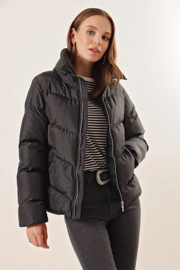 5205 Dik Yaka Fermuarlı Şişme Mont - Siyah