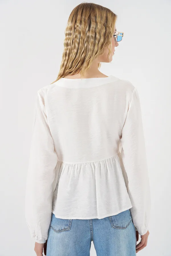 Kadın Yandan Bağlamalı Uzun Kollu Bluz 996 - Beyaz