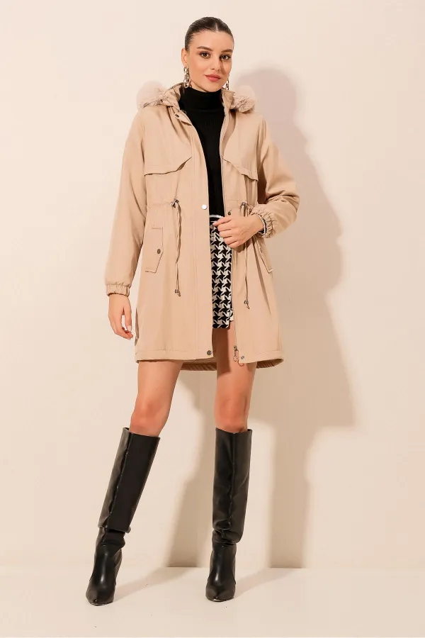 Manteau à capuche en fausse fourrure 9129 - Beige