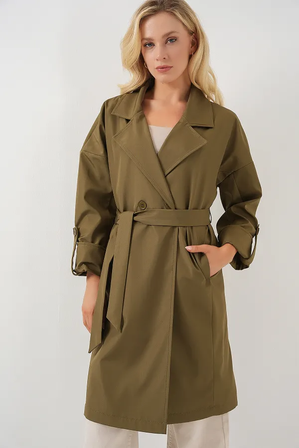 9104 Double-Breasted Lined Trench Coat - Khaki