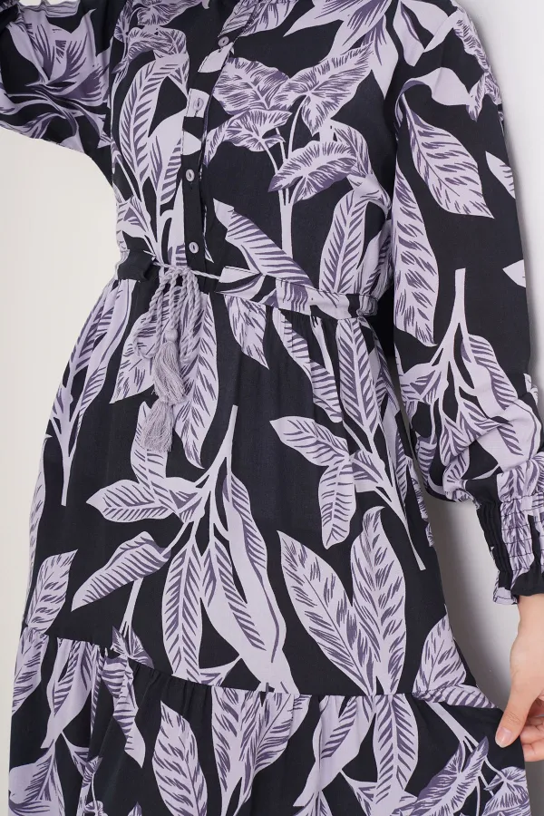 2145 Desenli Tesettür Elbise - D. Siyah