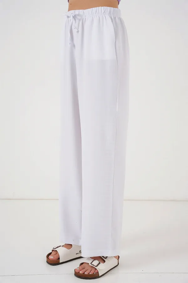 Women's Wide Leg Linen Trousers 6735 - White