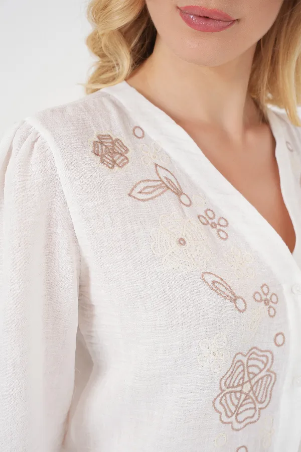 Kadın Nakışlı Uzun Kol Bluz 963 - Kahverengi