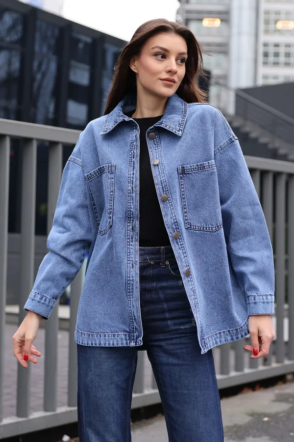 0694 Double Pocket Oversize Denim Jacket - Navy Blue 0694 Double Pocket Oversize Denim Jacket - Navy Blue