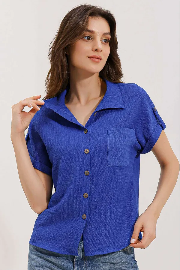 20187 Short Sleeve Oversize Knitted Shirt - Navy Blue