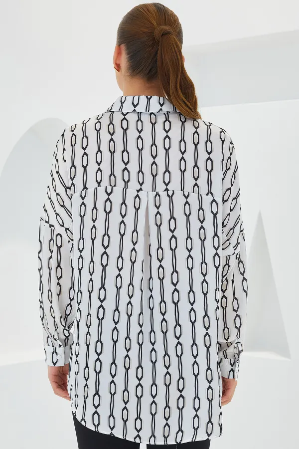 Women's Black and White Patterned Oversize Satin Shirt 3985