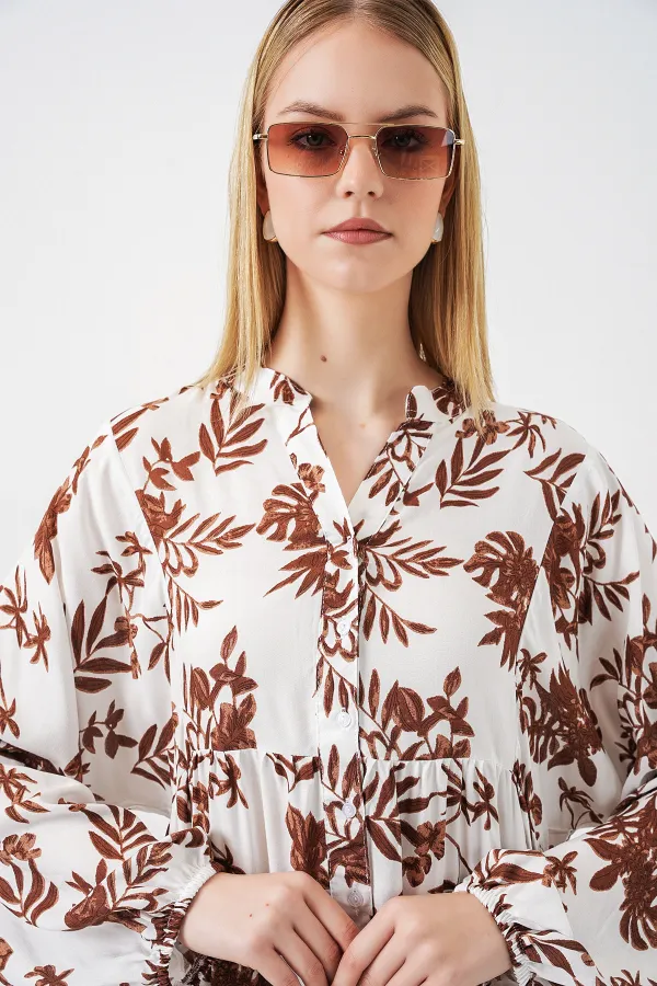 Women's Patterned Long Hijab Dress 2585 - Tan