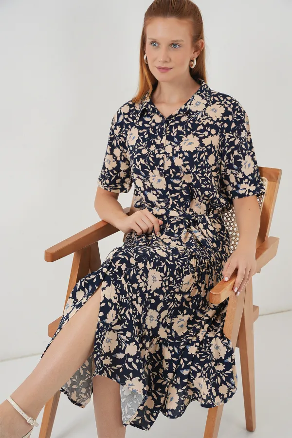 Kadın Kısa Kol Desenli Elbise 2560 - Lacivert