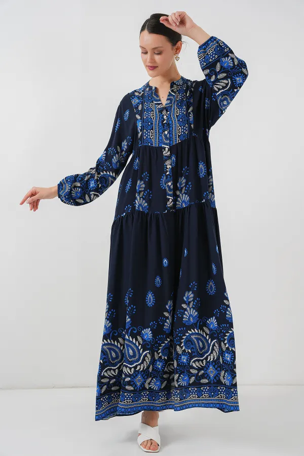 Robe hijab à motifs authentiques 2423 - Bleu marine 1