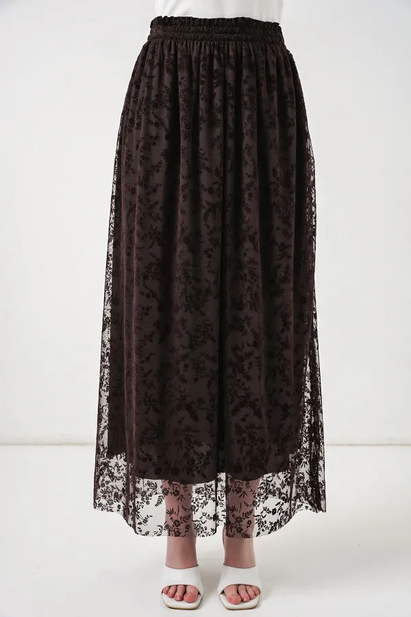 Kadın Flok Baskılı Astarlı Etek 8076 - Kahverengi