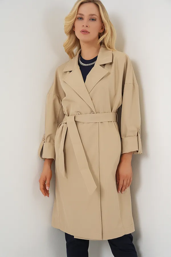 9104 Kruvaze Yaka Astarlı Trençkot - Bej