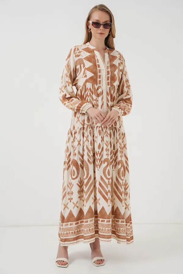 Robe hijab à motifs authentiques 2423 - B. Moutarde