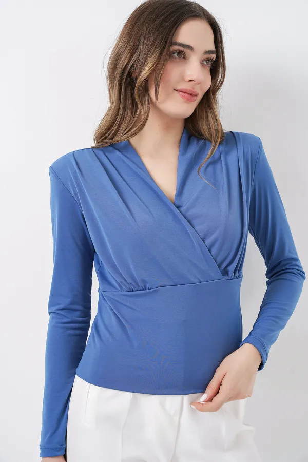 Women's Wrap-Around Blouse with Shoulder Pads 942 - Indigo Women's Wrap-Around Blouse with Shoulder Pads 942 - Indigo
