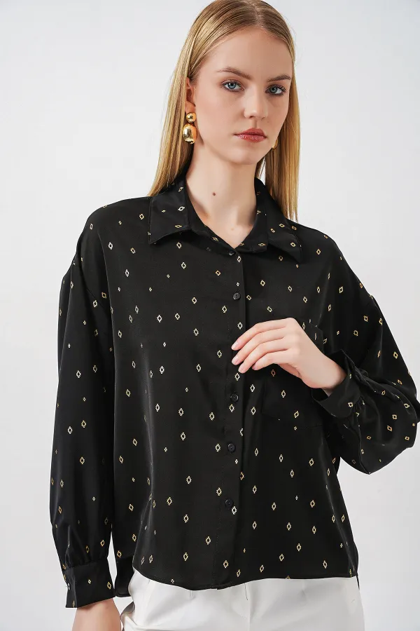 Women's Patterned Oversize Shirt 20361 - Black Women's Patterned Oversize Shirt 20361 - Black