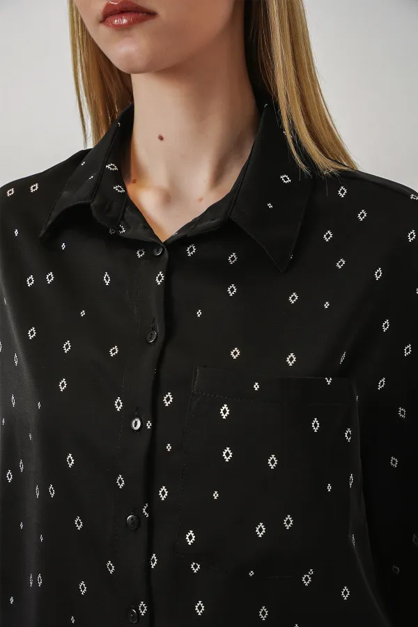 Women's Patterned Oversize Shirt 20361 - Black - Silver Women's Patterned Oversize Shirt 20361 - Black - Silver