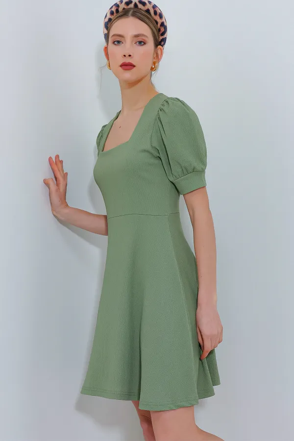 Kadın Çağla Yeşili Kare Yaka Örme Mini Elbise