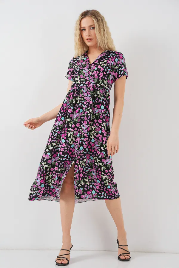 Robe fleurie à manches courtes boutonnée pour femme 2561 - Noire