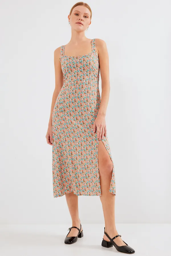 2282 Yırtmaçlı Askılı Viskon Elbise - Çok Renkli