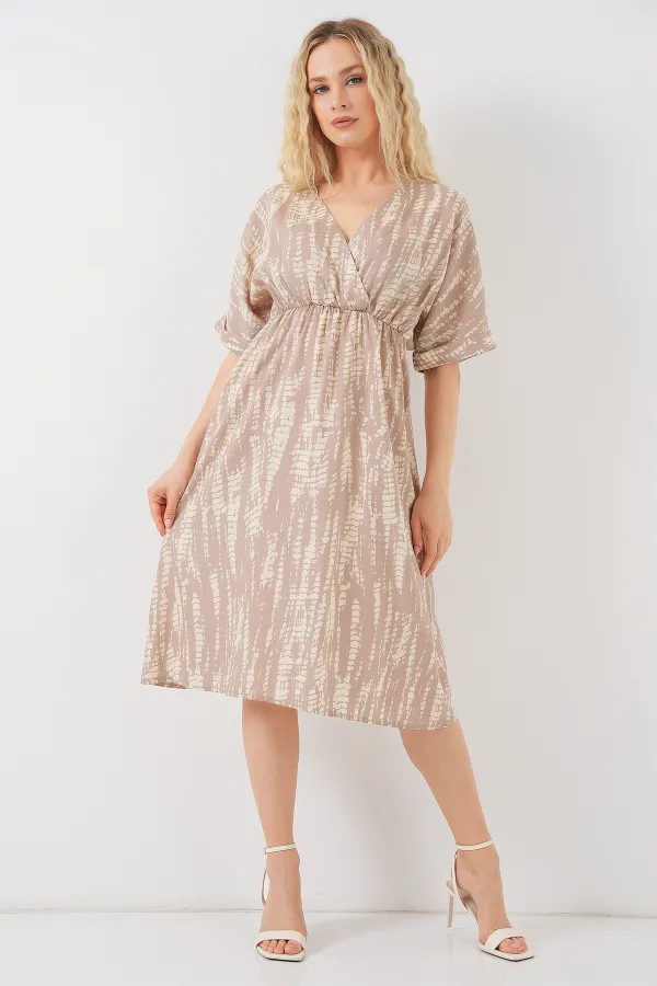 Women's Patterned Short Sleeve Dress 2569 - Beige