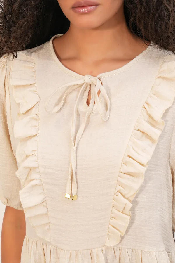 Women's Tie-Neck Short-Sleeve Ruched Dress 2600 - Cream