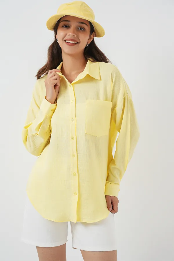 Chemise oversize en lin à poche unique 20153 - Jaune clair Chemise oversize en lin à poche unique 20153 - Jaune clair