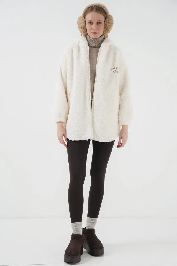 9102 Manteau en peluche blanc à capuche oversize